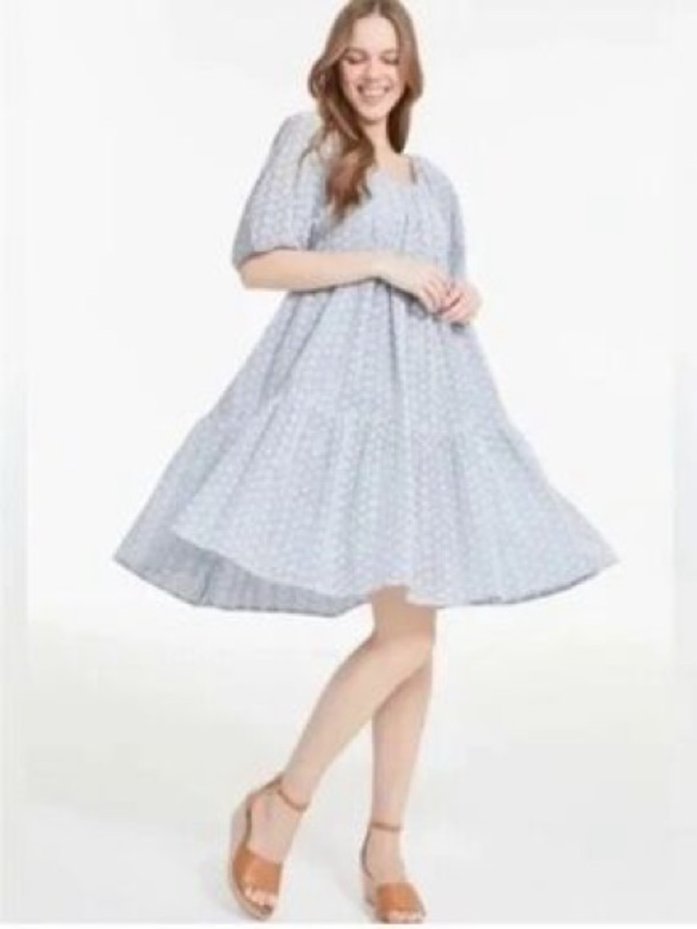 JILLIAN HARRIS x JOE FRESH Blue White Eyelet Puff-Sleeve Babydoll Dress Small